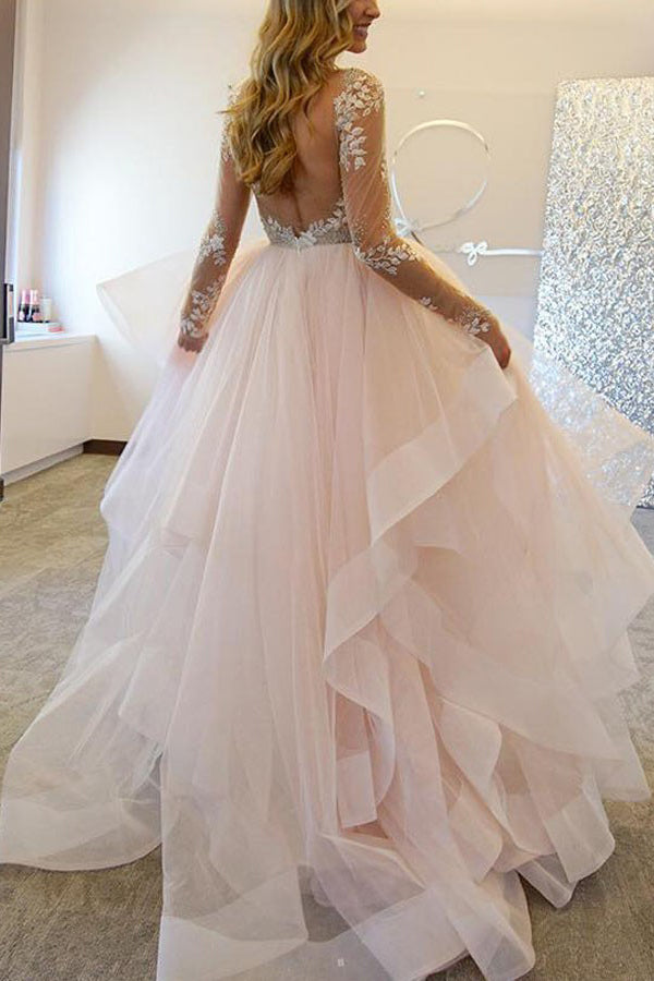 A Line Long Sleeves Tulle Wedding Dress Illusion Back With Appliques Beading, PW175