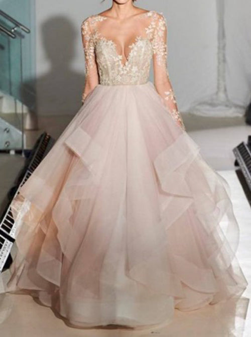 A Line Long Sleeves Tulle Wedding Dress Illusion Back With Appliques Beading, PW175