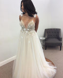 Boho Chic Pearl Beading V-neck Tulle Wedding Dresses With Appliques PW178