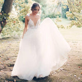Boho Chic Pearl Beading V-neck Tulle Wedding Dresses With Appliques PW178