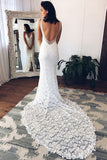 Sheath Column V-neck Long Sexy White Lace Beach Wedding Dress