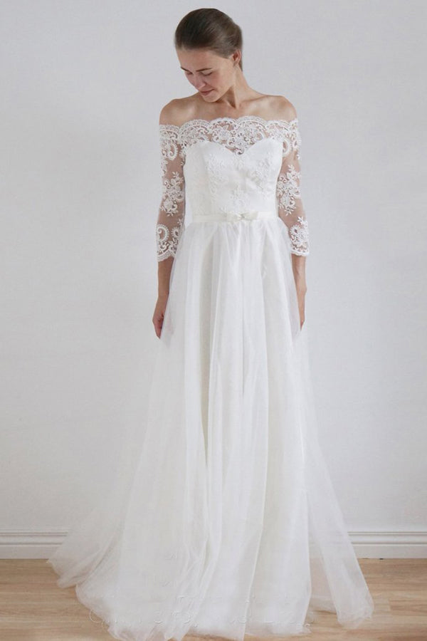 navy blue dress for baby girl A-line/Princess V Neck 3/4 Sleeve Sweep Tulle Wedding Dress, Lace main image 1
