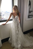 Cheap Lace A Line V Neck Wedding Dresses with Spaghetti Straps PW182
