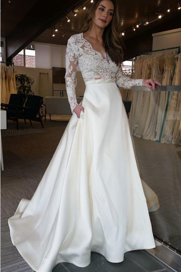 Ivory Wedding Dress Satin Long V-neck A-line 2025 Ivory Wedding Dress Satin Long V-neck A-line 2025
