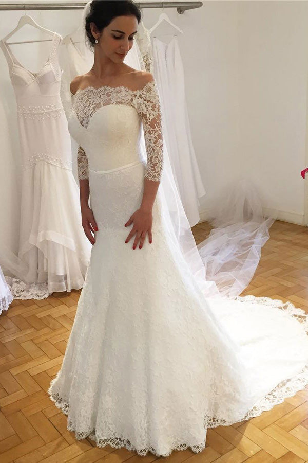 Lace Off Shoulder Sheath 3/4 Sleeves Wedding Dresses with Sweep Train US4 / Custom Color