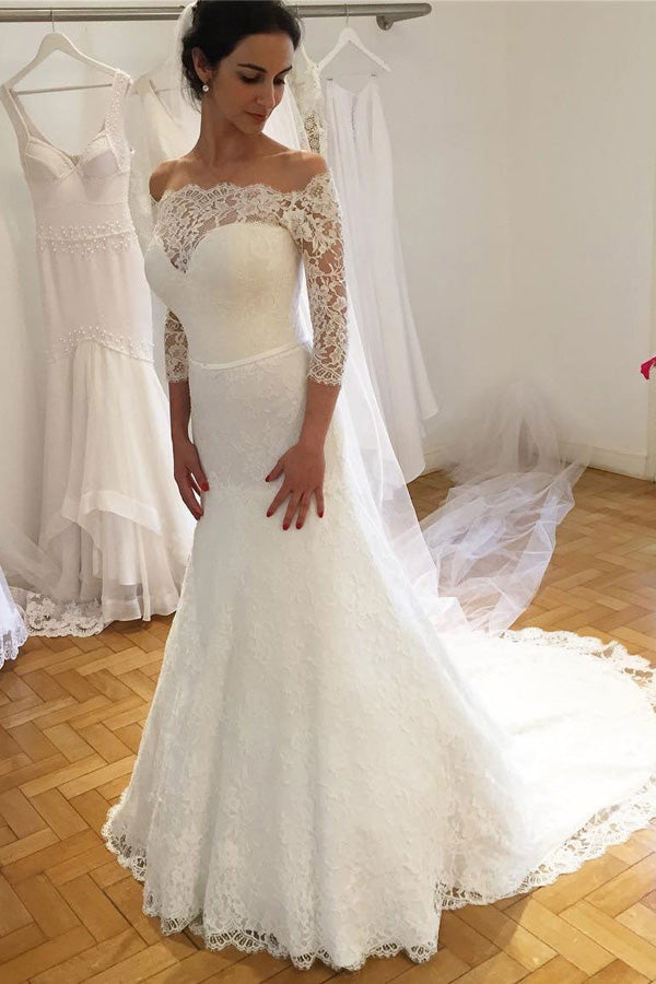 Lace Off Shoulder Sheath 3/4 Sleeves Wedding Dresses with Sweep Train PW186