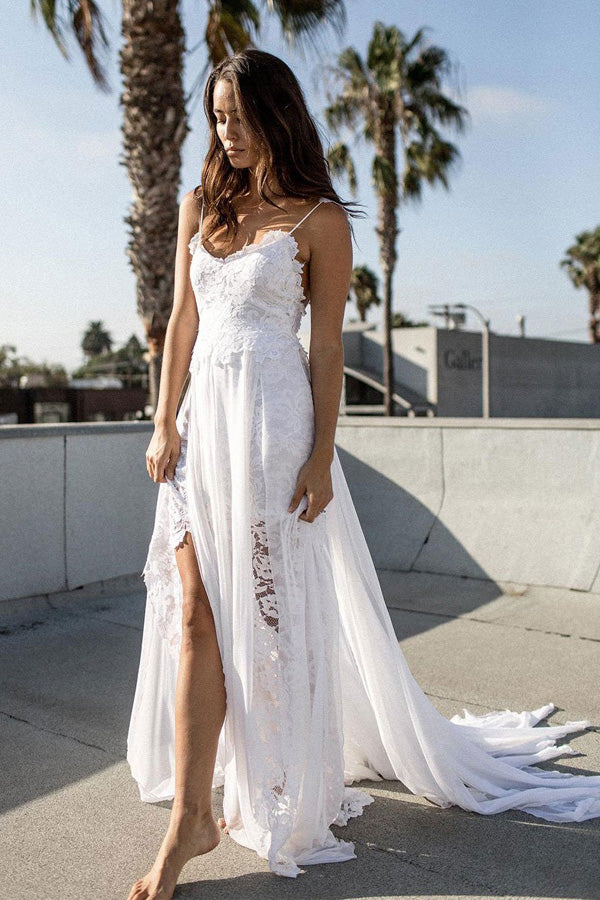 White Lace Chiffon A-line Spaghetti Strap Beach Wedding Dresses Custom Size / As Picture White Lace Chiffon A-line Spaghetti Strap Beach Wedding Dresses Custom Size / As Picture