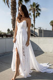 White Lace Chiffon A-line Spaghetti Strap Beach Wedding Dresses PW187