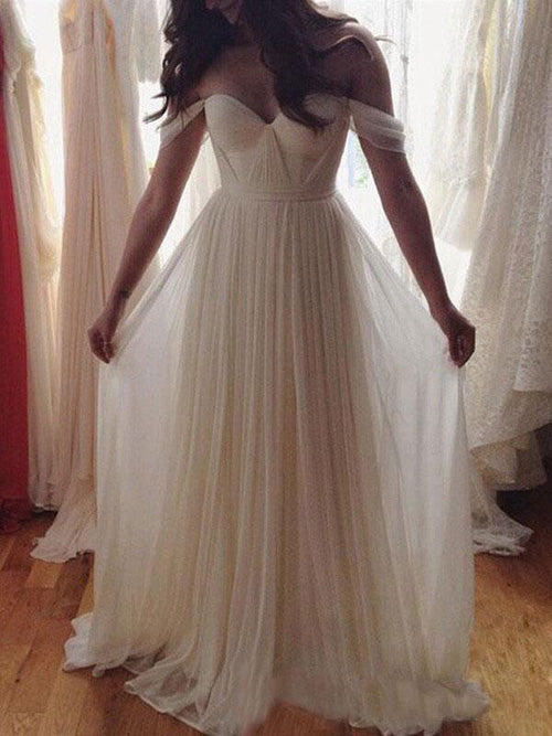 Ivory Chiffon Off the Shoulder A-line Summer Beach Wedding Dresses US2 / As Picture Ivory Chiffon Off the Shoulder A-line Summer Beach Wedding Dresses US2 / As Picture