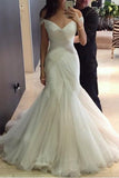 Sexy Mermaid Tulle V Neck Cap Sleeves Wedding Dresses with Sweep Train PW190