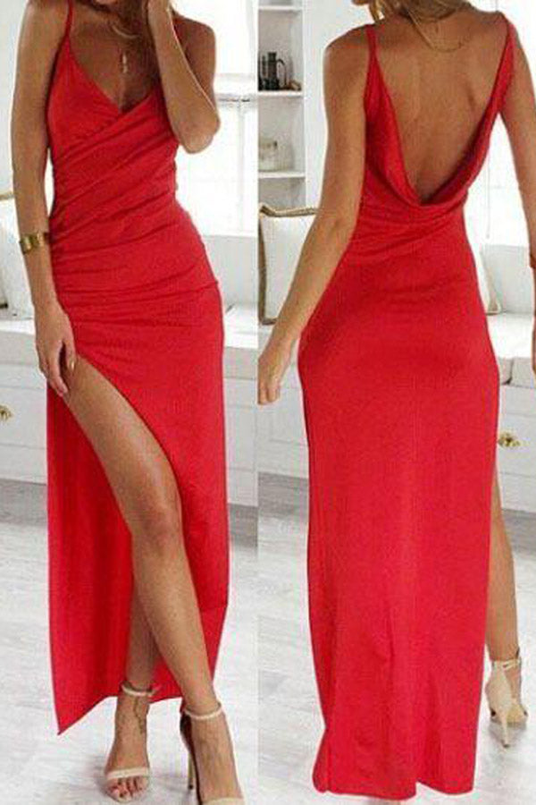 Elegant Modest Chiffon Red Vintage Long Prom Dress with Side Slit PW192