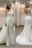 Fabulous Illusion Bateau Neck Long Sleeves Sheath Wedding Dress with Train PW192