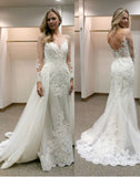 Fabulous Illusion Bateau Neck Long Sleeves Sheath Wedding Dress with Train PW192