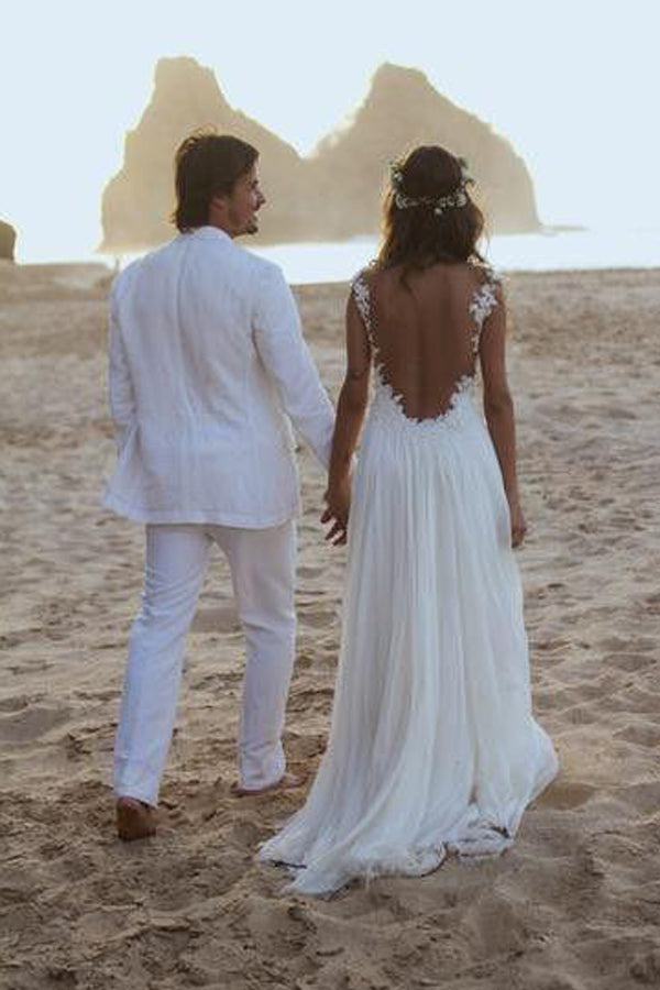 White Chiffon Backless Lace Open Back Sweetheart A-Line Beach Wedding Dresses PW193