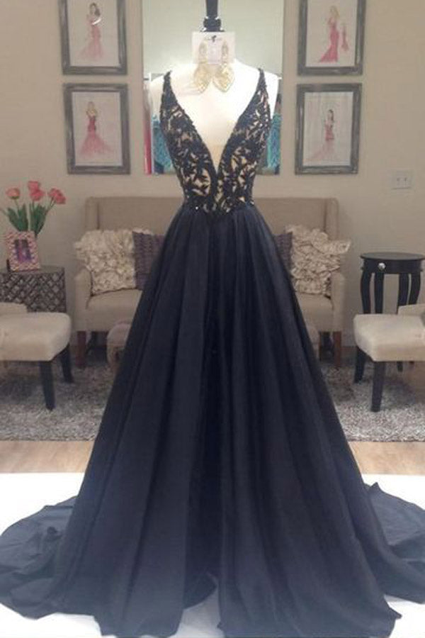 open lace back dress A Line V Neck Backless Black Simple Modest Long Prom Dresses PD206 –  bridalsew main image 0