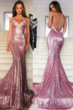 Fabulous Rose Pink Sequin Mermaid Long Prom Dress With Sweep Train, PL204