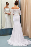 Mermaid Off-the-Shoulder 3/4 Sleeve Lace-up Wedding Dresses with Sweep Train PW196