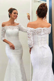 Mermaid Off-the-Shoulder 3/4 Sleeve Lace-up Wedding Dresses with Sweep Train PW196