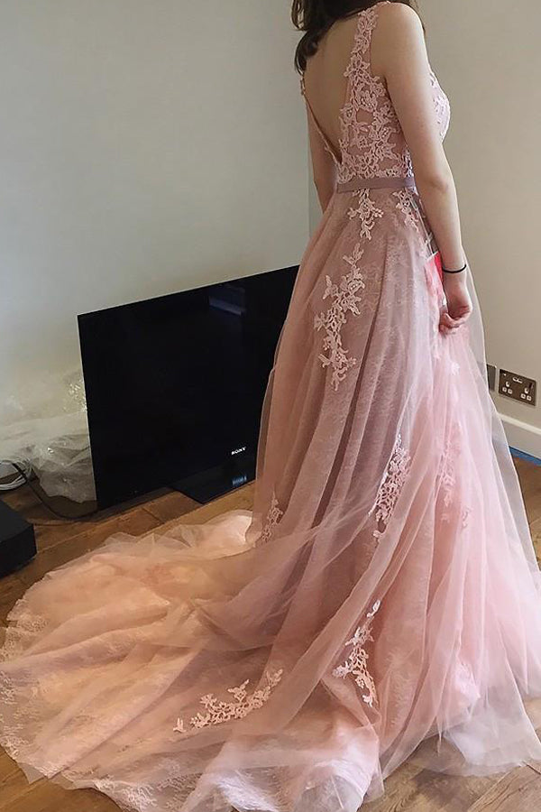 Elegant Pink Tulle A-line Long Open Back Little Train Wedding Dress Promnova Elegant Pink Tulle A-line Long Open Back Little Train Wedding Dress Promnova