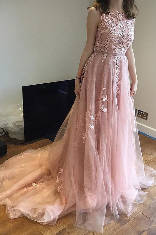 Elegant Pink Tulle A-line Long Open Back Little Train Wedding Dress PW197