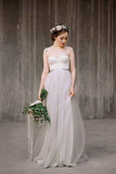 Light Grey A-line Tulle Spaghetti Straps Lace Top Beach Wedding Dresses PW198