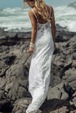 A-Line Lace Spaghetti Straps Backless Sweetheart Beach Wedding Dresses PW199