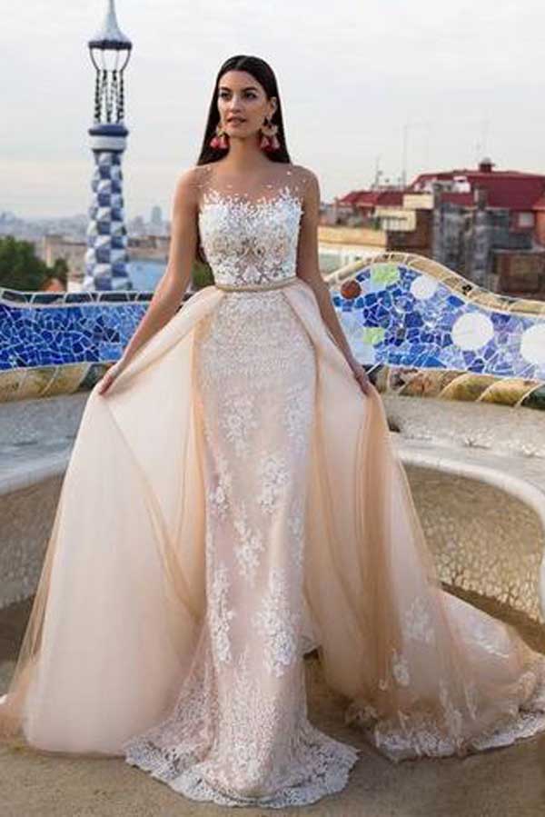Elegant Modest A-line Lace Wedding Dresses with Appliques Promnova Elegant Modest A-line Lace Wedding Dresses with Appliques Promnova