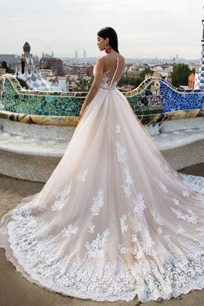 Elegant Modest A-line Lace Wedding Dresses with Appliques at promnova.com