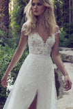 Boho Off Shoulder Lace Cap Sleeves Beach Wedding Dress with Slit PW204