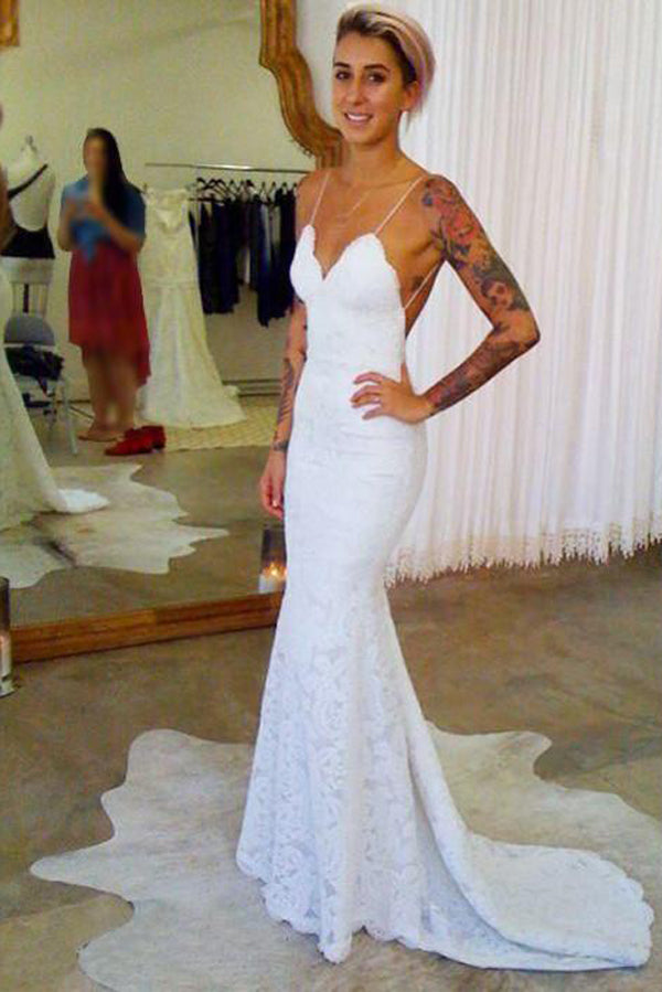 Spaghetti Straps Mermaid All Over Lace Ivory Wedding Dress US12 / As Picture Spaghetti Straps Mermaid All Over Lace Ivory Wedding Dress US12 / As Picture