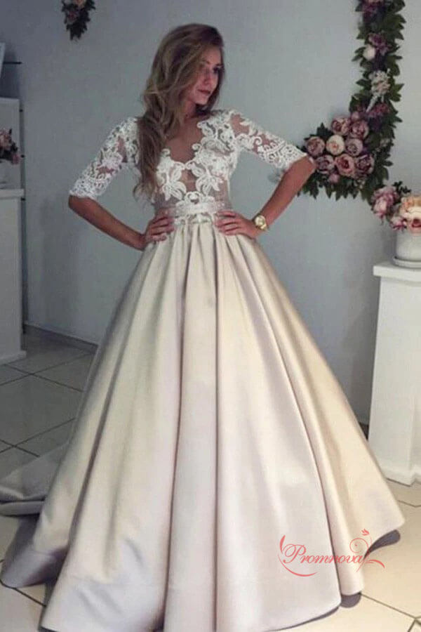 Lace Top Half Sleeves Soft Simple Wedding Dresses | Promnova US10 / Custom Color Lace Top Half Sleeves Soft Simple Wedding Dresses | Promnova US10 / Custom Color