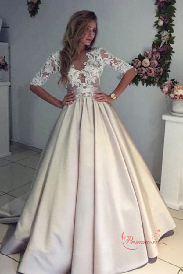 New Arrival Lace Top Half Sleeves Soft Simple Wedding Dress PW206 | Satin wedding dresses | wedding gowns | wedding dresses with sleeves | lace wedding dresses | Promnova.com