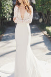 Fabulous Deep V-Neck Lace Top Mermaid Long Sleeve Wedding Dress PW208