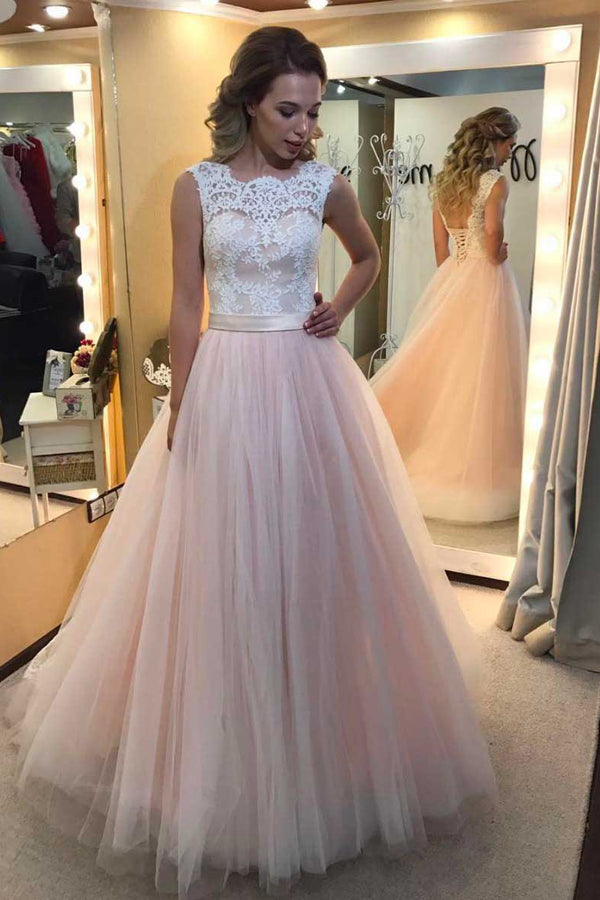 Light Pink Tulle A-line Wedding Dress with White lace Appliques Prom Dress PW209