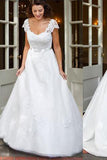White Cap Sleeve Lace A-line Long Cheap Wedding Dresses with Appliques PW211