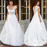 White Cap Sleeve Lace A-line Long Cheap Wedding Dresses with Appliques|promnova.com