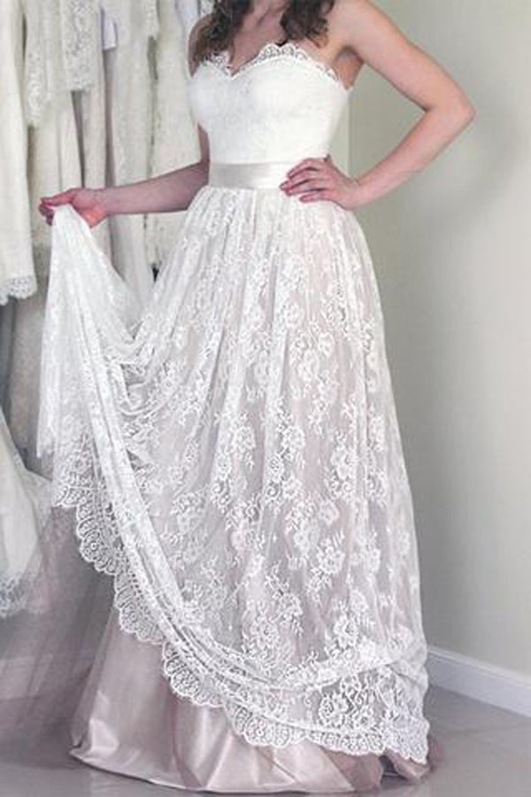 Online Cheap Lace A-line Sweetheart Long Wedding Dresses with Appliques PW212