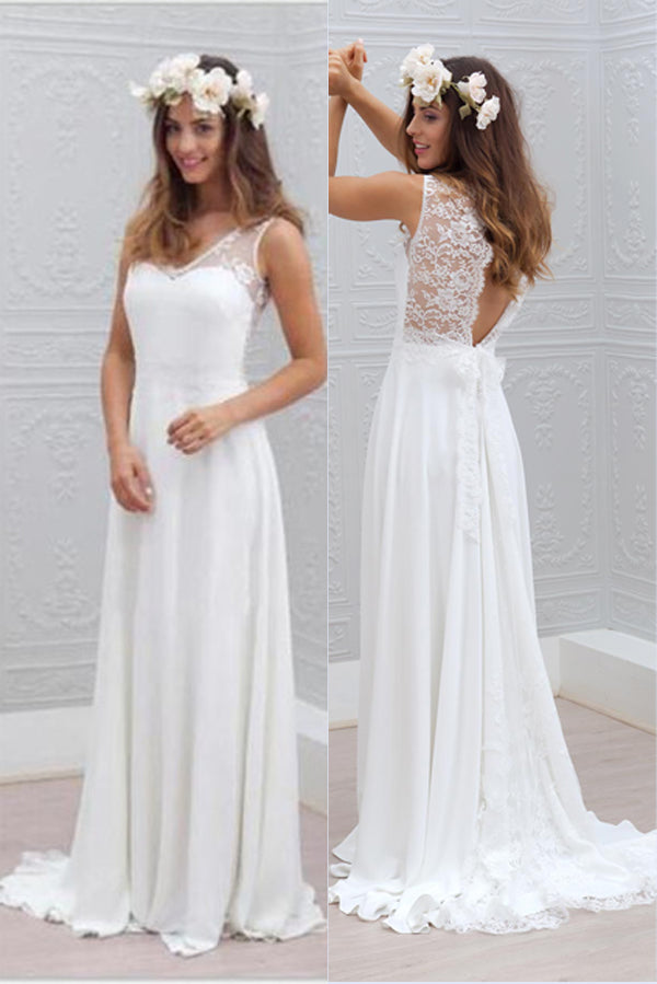 Chiffon Lace Wedding Dresses,Open Back Beach Wedding Dress PW213