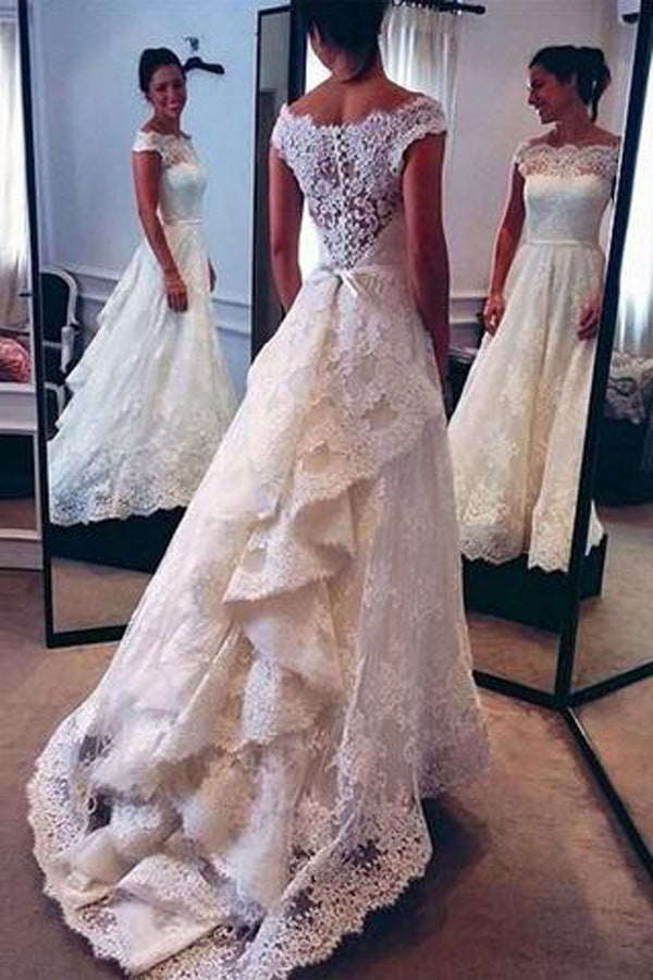 Lace Ivory Vintage Off Shoulder Skirt A-line Wedding Dresses PW214