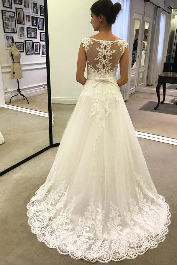 promnova.com|Cheap Lace A Line Ivory Long Beach Wedding Dresses with Belt