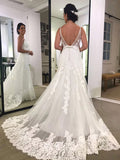Printed Backless Lace Spaghetti Strap Beach Wedding Dresses, Bridal Gown PW217