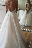 Cheap A-line Spaghetti Strap Lace Backless Beach Wedding Dresses PW218