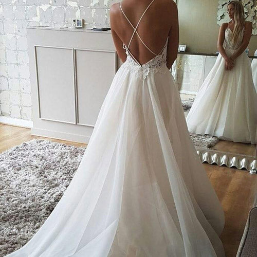 promnova.com|Cheap A-line Spaghetti Strap Lace Backless Beach Wedding Dresses PW218