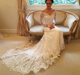 Lace V-Neck Long Sleeve Sweep Train Wedding Dress With Applique|promnova.com