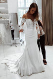 Gorgeous White Scoop Off Shoulder Mermaid Long Wedding Dress PW221