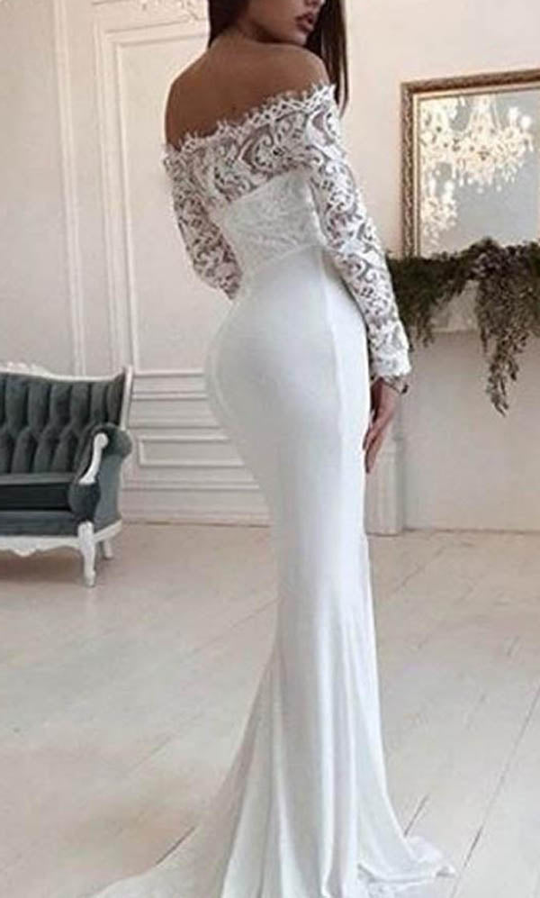 Gorgeous White Scoop Off Shoulder Mermaid Long Wedding Dress|promnova.com
