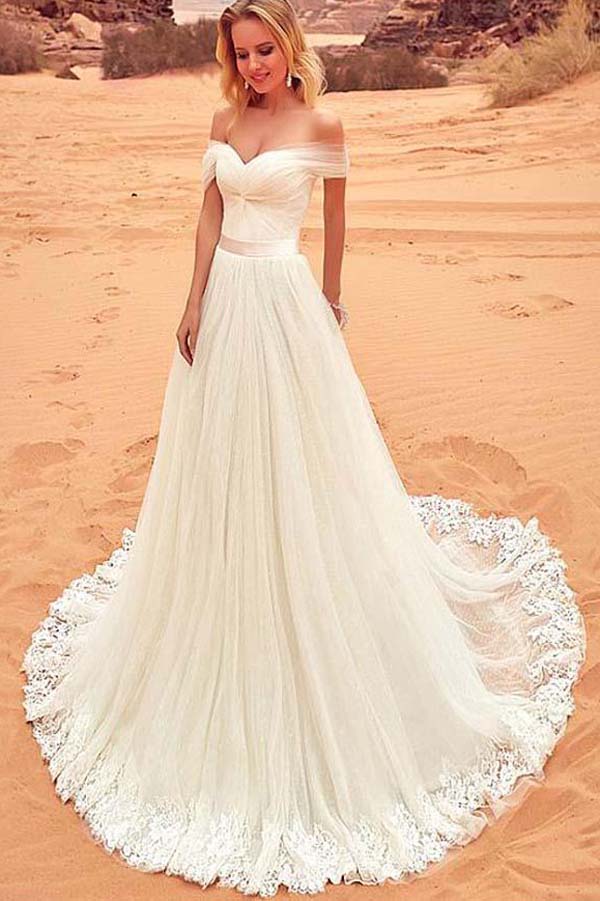 Fabulous Tulle Off Shoulder Wedding Dress with Lace Appliques US2 / Custom Color