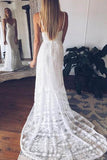 Lace Boho Off Shoulder Backless Lace V-neck Long Wedding Dresses at promnova.com