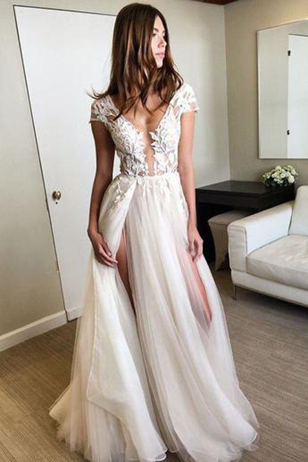 bohemian sheer dress Puff Sleeves Bohemian Rustic Wedding Gown See Through Ivory Lace Boho Wedding Dresses AWD1938