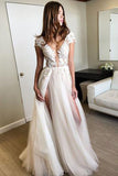 High Side Split V Neck Lace Appliqued Sheer Bohemian Wedding Dress PW224